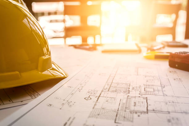 istock Vintage business desk of engineer contractor. 846706950