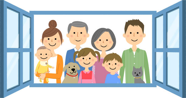 ilustrações, clipart, desenhos animados e ícones de família de olhar para fora da janela - pets family dog asian ethnicity