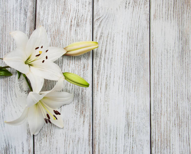 istock White  lilies on a wooden table 846707506