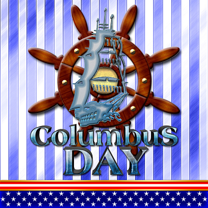 3D, Columbus Day, white silhouet of a sailboat in front of the American flag, Bright shiny text.