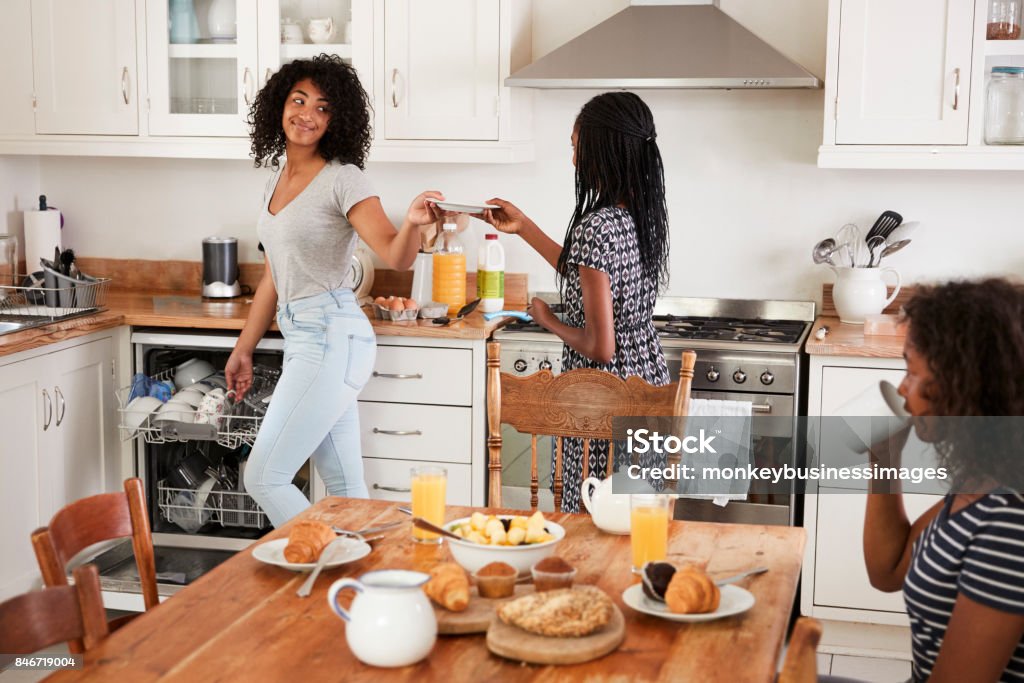 Three Teenage Girls Clearing Table After Family Breakfast Dishwasher Stock Photo