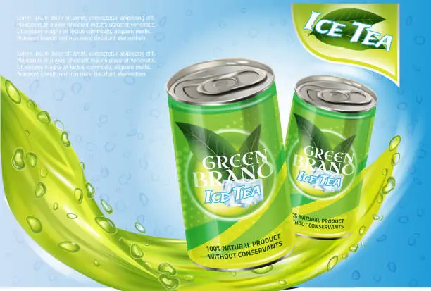 Vector illustration of Ice tea products ad. Vector 3d illustration. Soft drink aluminium can template design. Green tea bottle advertisement poster layout