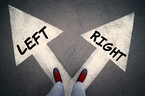 RIGHT versus LEFT written on the white arrows, choices or dilemmas concept.