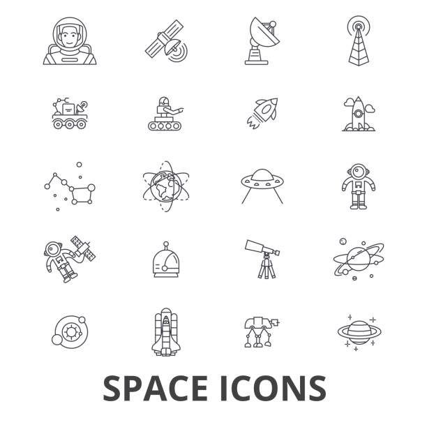Space, star, planet, spaceship, outer, galaxy, astronaut, earth, universe, moon line icons. Editable strokes. Flat design vector illustration symbol concept. Linear signs isolated Space, star, planet, spaceship, outer, galaxy, astronaut, earth, universe, moon line icons. Editable strokes. Flat design vector illustration symbol concept. Linear signs isolated on white background astronaut icons stock illustrations