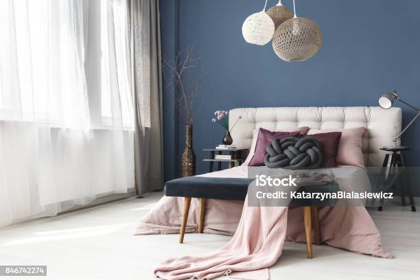 Violet Pillows On Bed Stock Photo - Download Image Now - Apartment, Arrangement, Bed - Furniture