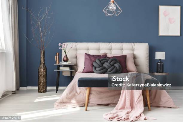 Long Dark Vase With Branches Stock Photo - Download Image Now - Apartment, Arrangement, Bed - Furniture