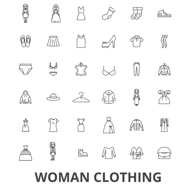 Woman clothing, clothes, fashion, girl, dress, shopping, closet, shoes, style line icons. Editable strokes. Flat design vector illustration symbol concept. Linear signs isolated Woman clothing, clothes, fashion, girl, dress, shopping, closet, shoes, style line icons. Editable strokes. Flat design vector illustration symbol concept. Linear signs isolated on white background white shirt black skirt stock illustrations
