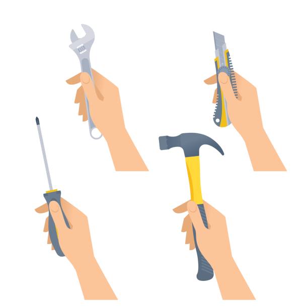 menschliche hände halten kleine werkzeuge: hammer, schraubenschlüssel, schraubendreher, messer. - holding screwdriver stock-grafiken, -clipart, -cartoons und -symbole