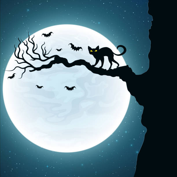 istock Background for Halloween. Black cat on the tree. Bats fly against the background of the full moon. Vector illustration 846746214