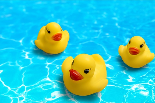 Yellow rubber ducks on blue Background