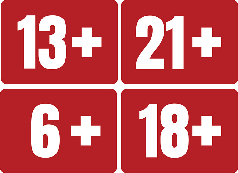 Limit age icon on red background. Icons age limit from six to twenty-one, vector flat illustration.