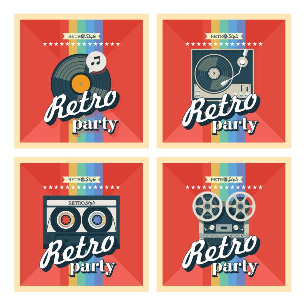 Set of four posters. Vector illustration. Retro party. Depicts a reel to reel tape, vinyl record, tape cassette, turntable for vinyl records. Set of four posters. Vector illustration. Retro party. Depicts a reel to reel tape, vinyl record, tape cassette, turntable for vinyl records. paris metro sign stock illustrations