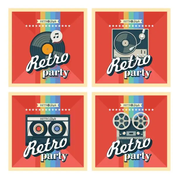 Vector illustration of Set of four posters. Vector illustration. Retro party. Depicts a reel to reel tape, vinyl record, tape cassette, turntable for vinyl records.