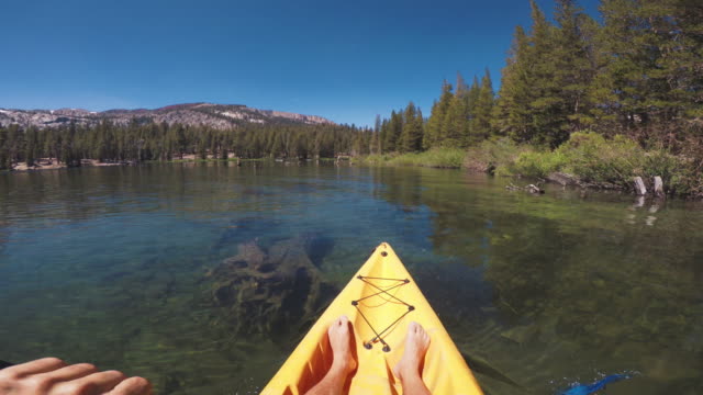 Timelapse POV of a man kayaking in a calm lake