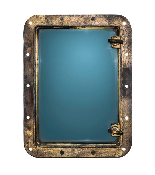 istock Round golden boat porthole window isolated on white 846752000