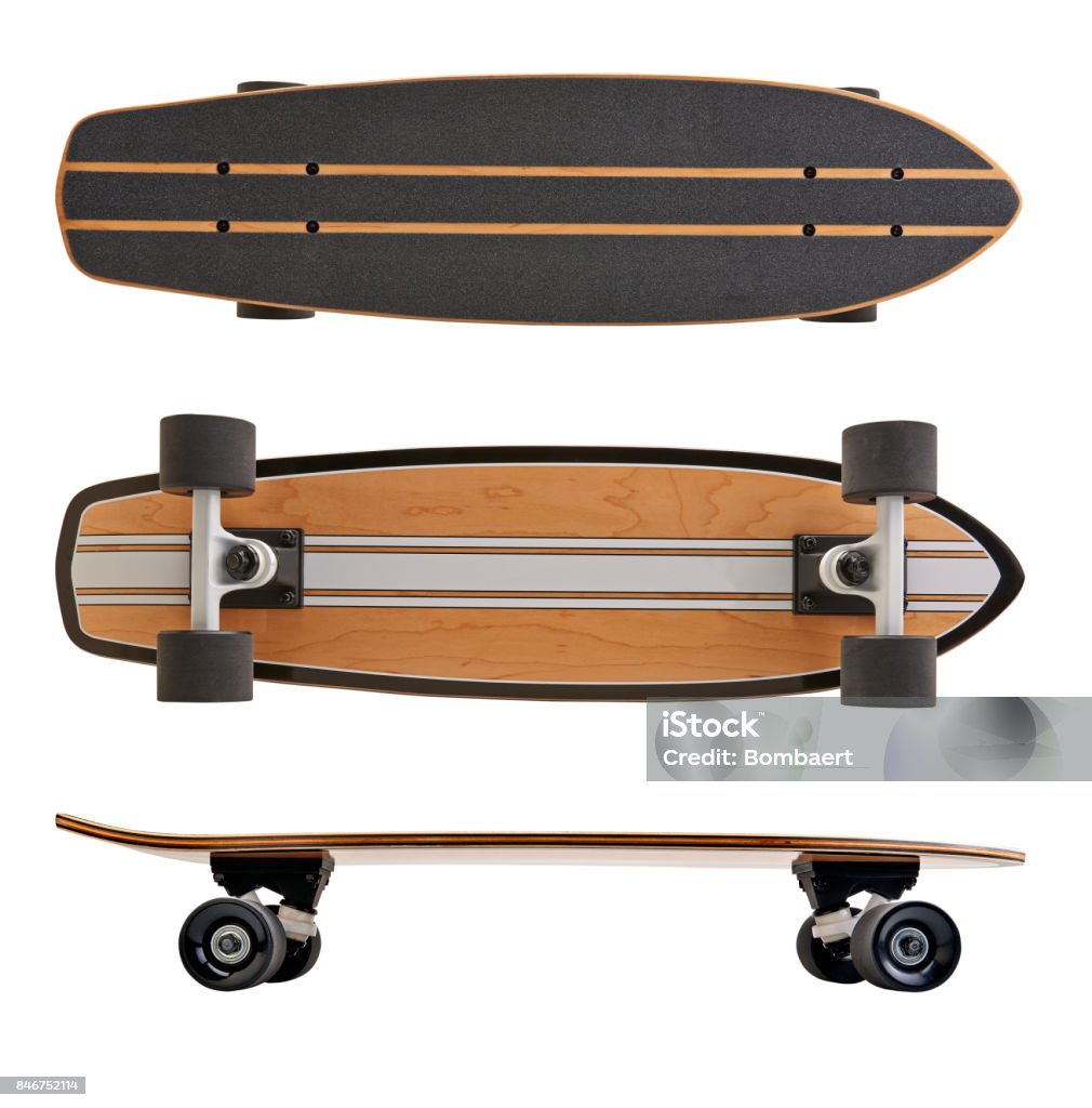 Black and wooden skate board isolated Black and wooden skate board isolated on a white background with clipping path Skateboard Stock Photo
