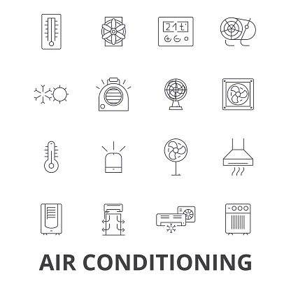 Air conditioning, hvac, coolling, heating, refrigerator, thermostat, thermometer line icons. Editable strokes. Flat design vector illustration symbol concept. Linear signs isolated on white background