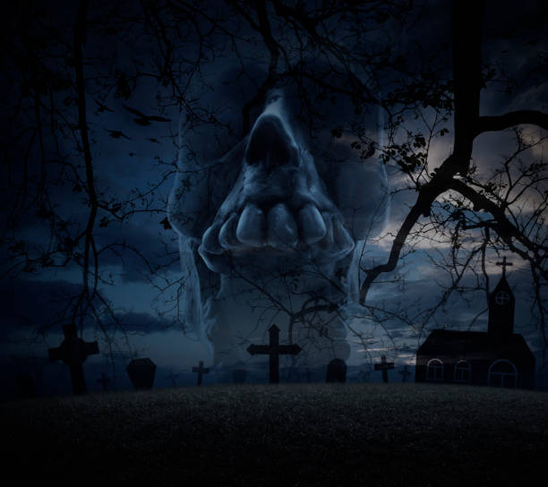 Human skull scream, grass, dead tree, cross, birds with church over spooky cloudy sky, Halloween concept