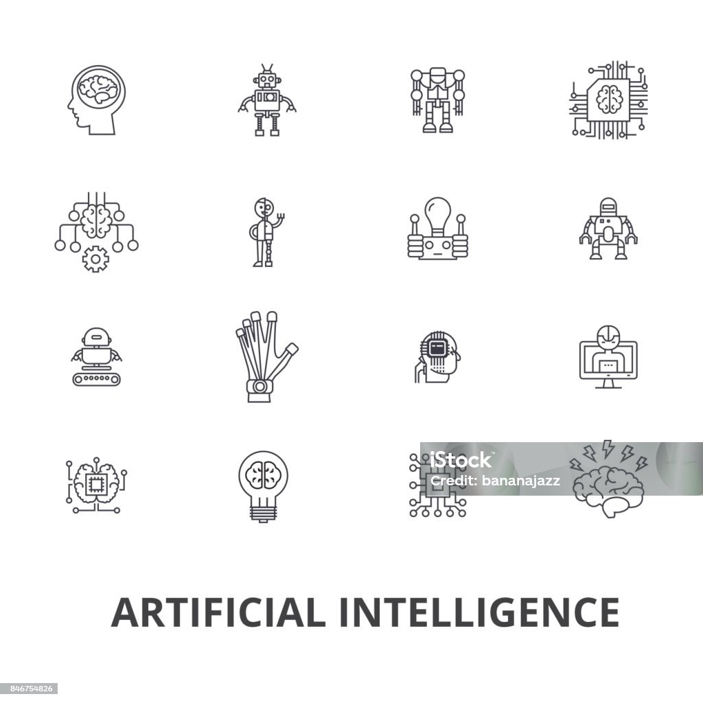 Artificial intelligence, robot, computer brain, technic, cyborg, brain, android line icons. Editable strokes. Flat design vector illustration symbol concept. Linear signs isolated Artificial intelligence, robot, computer brain, technic, cyborg, brain, android line icons. Editable strokes. Flat design vector illustration symbol concept. Linear signs isolated on white background Icon Symbol stock vector