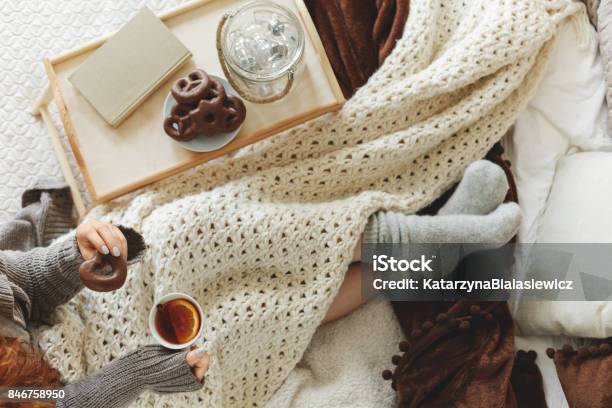 Woman Spending Night In Bed Stock Photo - Download Image Now - Tea - Hot Drink, Winter, Autumn