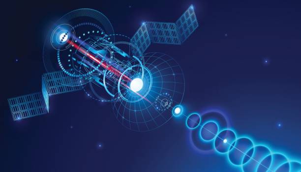 illustrazioni stock, clip art, cartoni animati e icone di tendenza di il satellite geostazionario delle telecomunicazioni dallo spazio invia un segnale digitale tramite parabola satellitare. sfondo astratto concettuale. vettore - antenna parabolica