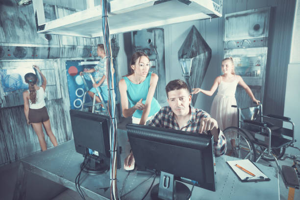 istock Family of five is using PC in time having fun together in lost labroom. 846762874