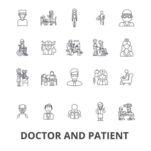 Doctor and patient, cabinet, medical, hospital, consultation, nurse, healthcare line icons. Editable strokes. Flat design vector illustration symbol concept. Linear signs isolated Doctor and patient, cabinet, medical, hospital, consultation, nurse, healthcare line icons. Editable strokes. Flat design vector illustration symbol concept. Linear signs isolated on white background eye doctor and patient stock illustrations