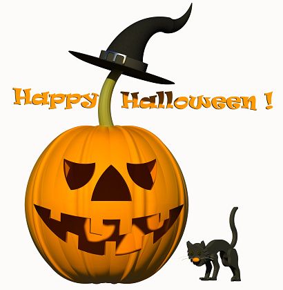 Seasonal happy halloween 3D render composition. Includes halloween pumpkin, black witch hat, black cat, cutout 3d letters, shapes, surfaces, shadows, colors, textures, white background. Collection.