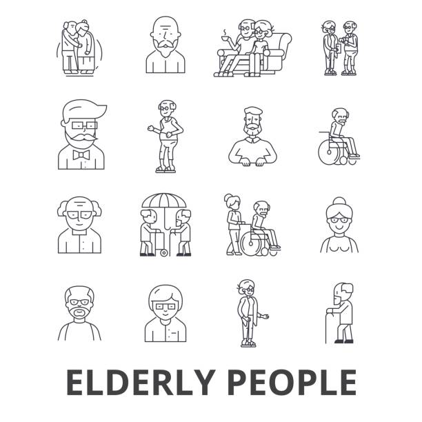 ilustrações de stock, clip art, desenhos animados e ícones de elderly people, care, elderly couple, old people, elderly patient, support line icons. editable strokes. flat design vector illustration symbol concept. linear signs isolated - generation gap