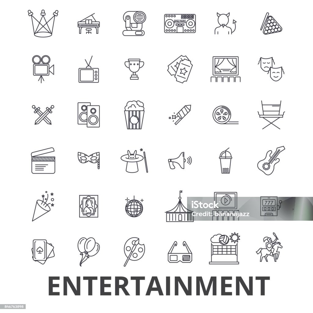 Unterhaltung, Musiker, Film, Party, Medien, Einkaufen, Sport, Spaß, Theater Linie Symbole. Editierbare Striche. Flaches Design Vektor Illustration Symbol Konzept. Lineare Zeichen isoliert - Lizenzfrei Icon Vektorgrafik