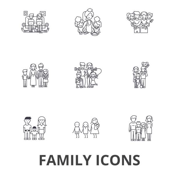 ilustraciones, imágenes clip art, dibujos animados e iconos de stock de familia, happieness, hogar, diversión, par, árbol de familia, retrato de familia, los iconos de línea de vacaciones. movimientos editables. plano vector ilustración símbolo de concepción. signos lineales aisladas - diferencia entre generaciones