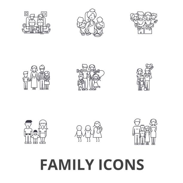 가족, happieness, 가정, 재미, 커플, 패밀리 트리, 가족 초상화, 휴가 라인 아이콘. 편집 가능한 스트로크입니다. 평면 디자인 벡터 그림 기호 개념입니다. 선형 신호 절연 - generation gap stock illustrations