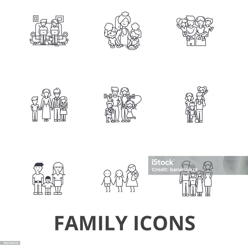 Family, happieness, home, fun, couple, family tree, family portrait, vacation line icons. Editable strokes. Flat design vector illustration symbol concept. Linear signs isolated Family, happieness, home, fun, couple, family tree, family portrait, vacation line icons. Editable strokes. Flat design vector illustration symbol concept. Linear signs isolated on white background Family stock vector