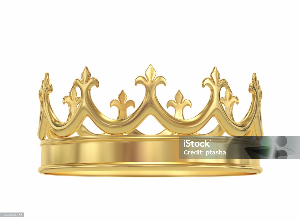 Golden crown isolated on white Golden crown isolated on white. 3D rendering with clipping path Crown - Headwear Stock Photo