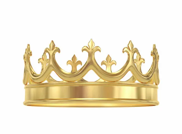 Golden crown isolated on white. 3D rendering with clipping path