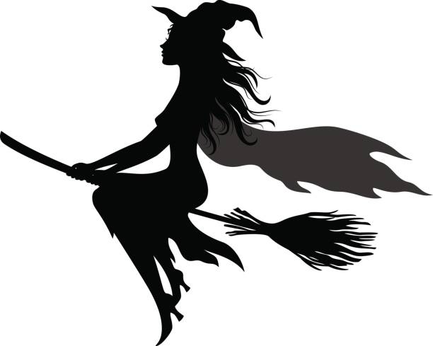 ilustraciones, imágenes clip art, dibujos animados e iconos de stock de halloween fantasmas siluetas - wizard magic broom stick