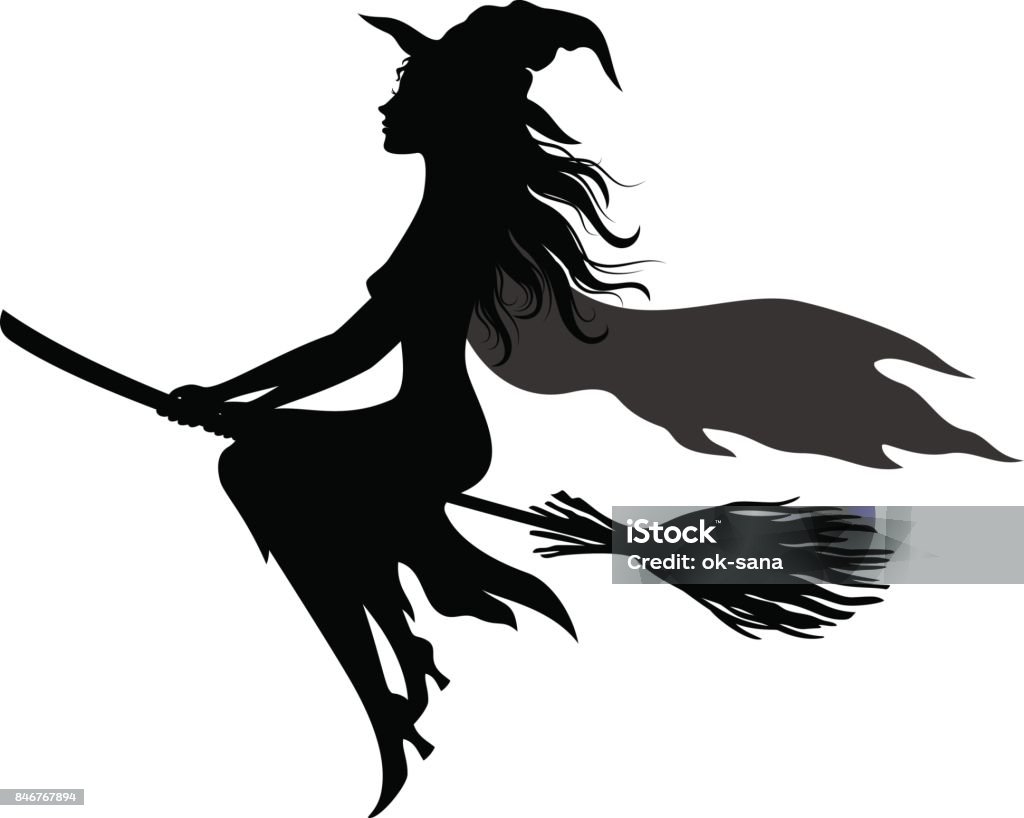 Halloween Ghosts Silhouettes Witch Flying on Broom, Picture for Holiday Halloween, Black Silhouettes Isolated on White Background. Vector Witch stock vector