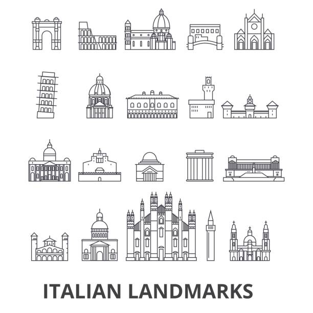 ilustrações, clipart, desenhos animados e ícones de landmakrs italiano, italiana, italiana paisagem, ícones de linha piza torre, catedral, coliseu. cursos editáveis. conceito de símbolo ilustração vetor design plano. sinais lineares isolados - church rome italian culture italy