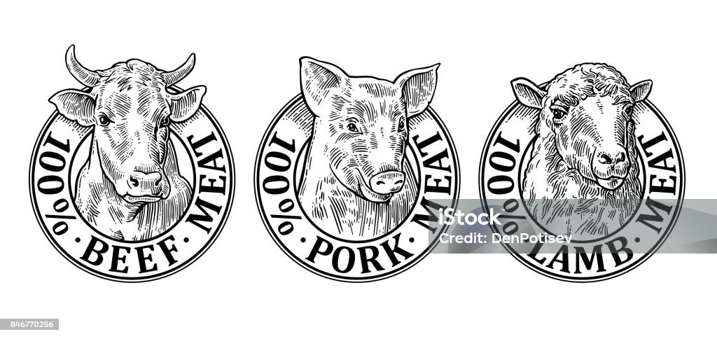 牛、豚、羊の頭。100% 牛肉豚肉ラム肉レタリング - ロゴマークのロイヤリティフリーベクトルアート