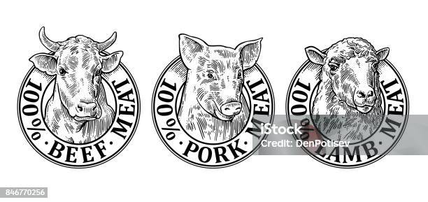 牛豚羊の頭100 牛肉豚肉ラム肉レタリング - ロゴマークのベクターアート素材や画像を多数ご用意 - ロゴマーク, 牝牛, ブタ