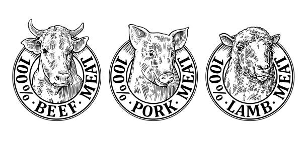 Cows, pig, sheep head. 100 percent beef pork lamb meat lettering. Hand drawn in a graphic style. Vintage black vector engraving illustration for label, poster, logotype. Isolated on white background