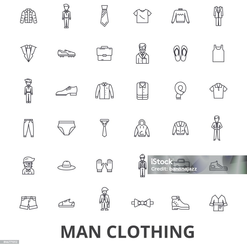 Man clothing, clothes, fashion, wear, shoe, tie, suit, shirt line icons. Editable strokes. Flat design vector illustration symbol concept. Linear signs isolated Man clothing, clothes, fashion, wear, shoe, tie, suit, shirt line icons. Editable strokes. Flat design vector illustration symbol concept. Linear signs isolated on white background Icon Symbol stock vector