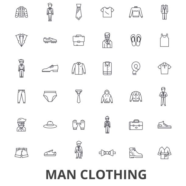 Man clothing, clothes, fashion, wear, shoe, tie, suit, shirt line icons. Editable strokes. Flat design vector illustration symbol concept. Linear signs isolated Man clothing, clothes, fashion, wear, shoe, tie, suit, shirt line icons. Editable strokes. Flat design vector illustration symbol concept. Linear signs isolated on white background kids tshirt stock illustrations