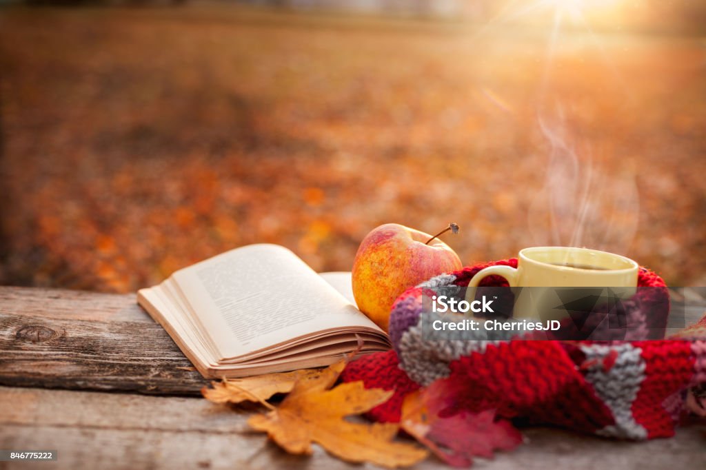 Taza de té con libro abierto cálida bufanda y manzana - Foto de stock de Otoño libre de derechos