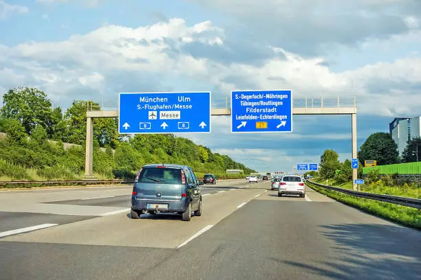 motorway road sign on (Autobahn A 8) direction Munich, Ulm - Airport / Messe, exit S Degerloch Mohringen, Filderstadt Leinfelden-Echterdingen B27