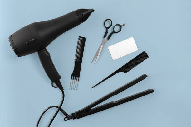 istock Hairdresser set with various accessories on blue background 846785770