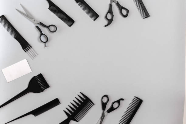 istock Hairdresser set with various accessories on gray background 846786166