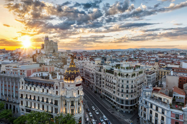 The skyline of Madrid, Spain The skyline of Madrid during sunset madrid stock pictures, royalty-free photos & images