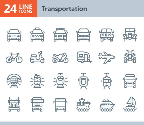 illustrazioni stock, clip art, cartoni animati e icone di tendenza di trasporto - icone vettoriali di linea - mini van immagine