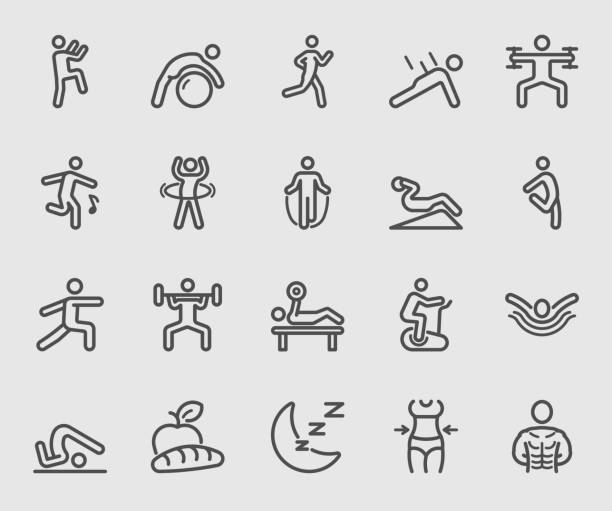 ilustraciones, imágenes clip art, dibujos animados e iconos de stock de ejercicio y salud para el icono de la línea de salud - healthy lifestyle men boxing dumbbell